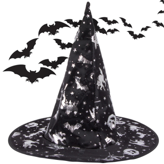 Čarodejnícky klobúk na Halloween – klasická špicatá čiapka so vzorom